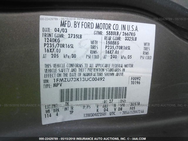 1FMZU73K13UC00492 - 2003 FORD EXPLORER XLT/XLT SPORT/NBX 灰色 照片 9