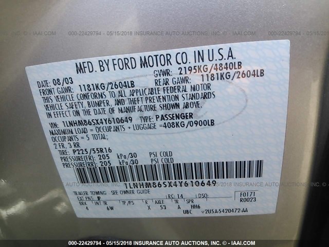 1LNHM86SX4Y610649 - 2004 LINCOLN LS Gümüş foto 9