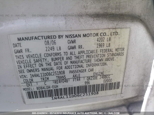 1N4AL11D06C251908 - 2006 NISSAN ALTIMA S/SL WHITE photo 9