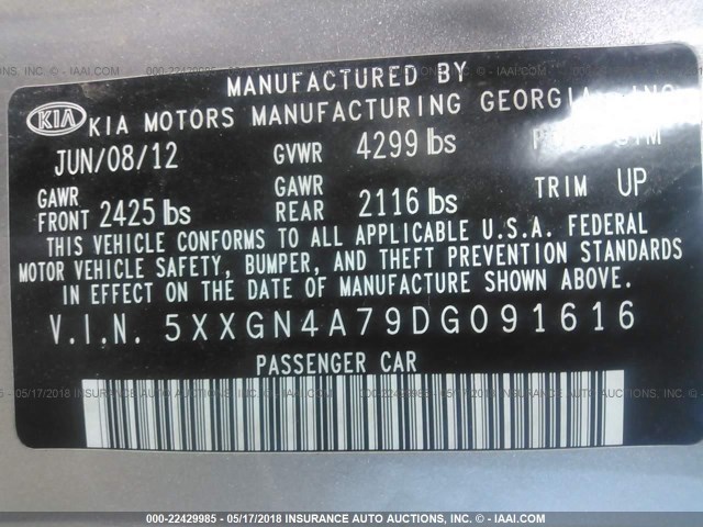 5XXGN4A79DG091616 - 2013 KIA OPTIMA EX SILVER photo 9