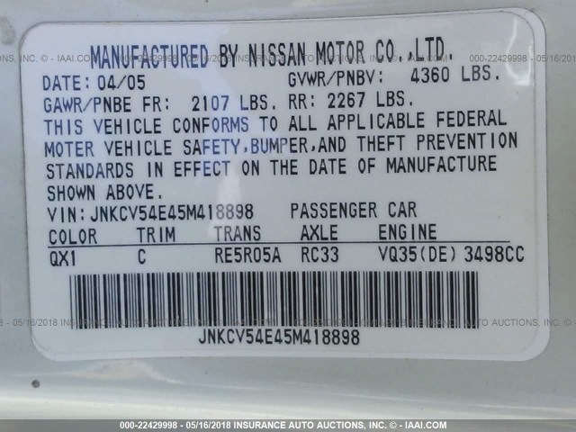 JNKCV54E45M418898 - 2005 INFINITI G35 WHITE photo 9