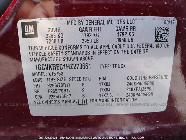 1GCVKREC1HZ270661 - 2017 CHEVROLET SILVERADO K1500 LT RED photo 9