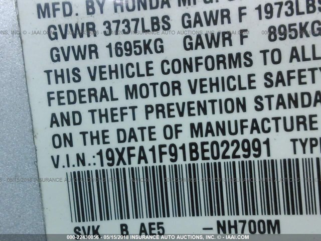 19XFA1F91BE022991 - 2011 HONDA CIVIC EXL SILVER photo 9