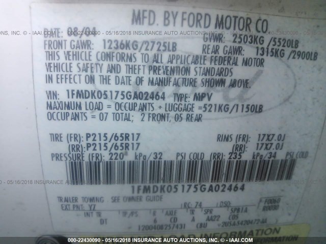 1FMDK05175GA02464 - 2005 FORD FREESTYLE SEL WHITE photo 9