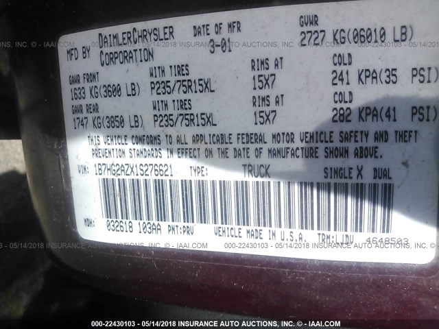 1B7HG2AZX1S276621 - 2001 DODGE DAKOTA QUAD RED photo 9