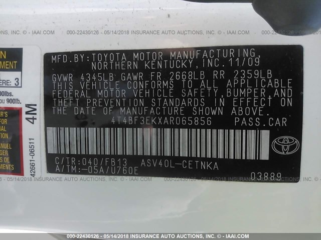 4T4BF3EKXAR065856 - 2010 TOYOTA CAMRY SE/LE/XLE 白色 照片 9
