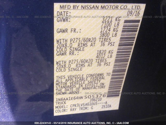 1N6AA1E64HN505376 - 2017 NISSAN TITAN SV/SL/PLATINUM RESERVE BLUE photo 9