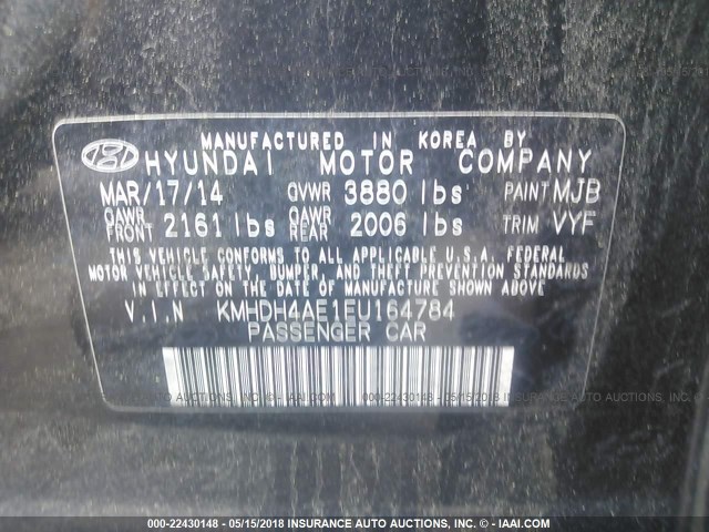 KMHDH4AE1EU164784 - 2014 HYUNDAI ELANTRA SE/SPORT/LIMITED BLACK photo 9