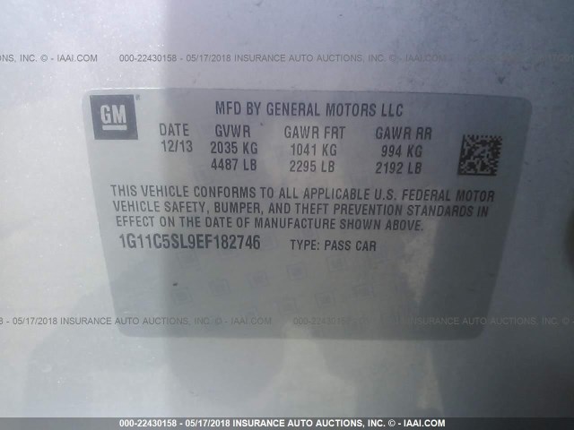 1G11C5SL9EF182746 - 2014 CHEVROLET MALIBU 1LT SILVER photo 9