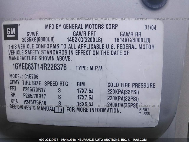 1GYEC63T14R228378 - 2004 CADILLAC ESCALADE LUXURY ვერცხლისფერი ფოტო 9