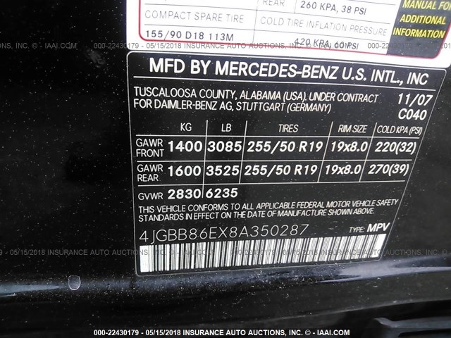 4JGBB86EX8A350287 - 2008 MERCEDES-BENZ ML 350 BLACK photo 9