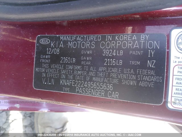 KNAFE222495655636 - 2009 KIA SPECTRA EX/LX/SX BURGUNDY photo 9