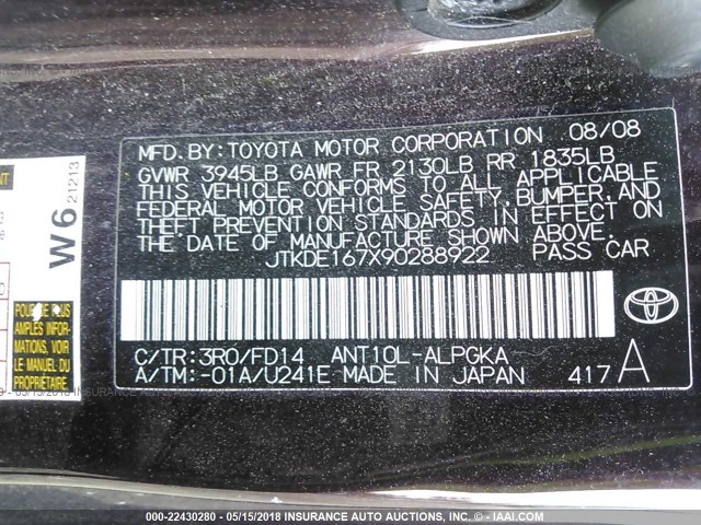 JTKDE167X90288922 - 2009 TOYOTA SCION TC 紫色 照片 9