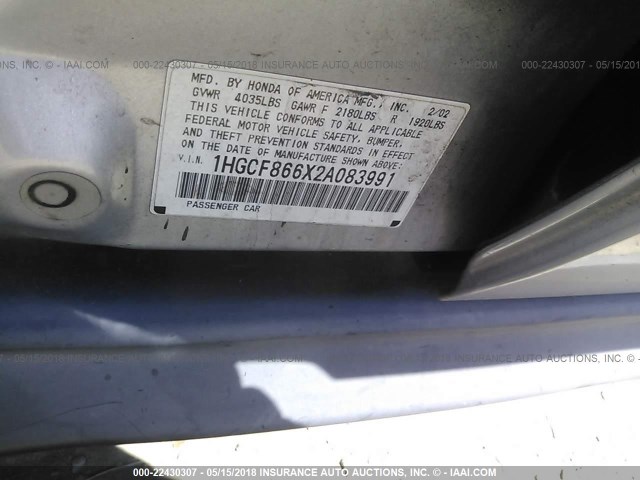 1HGCF866X2A083991 - 2002 HONDA ACCORD VALUE SILVER photo 9