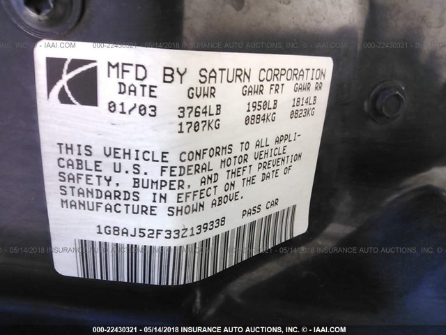 1G8AJ52F33Z139338 - 2003 SATURN ION LEVEL 2 SILVER photo 9