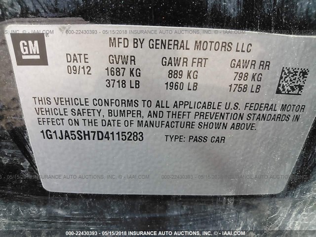 1G1JA5SH7D4115283 - 2013 CHEVROLET SONIC LS 黑色 照片 9