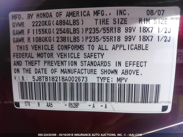 5J8TB18218A002673 - 2008 ACURA RDX RED photo 9