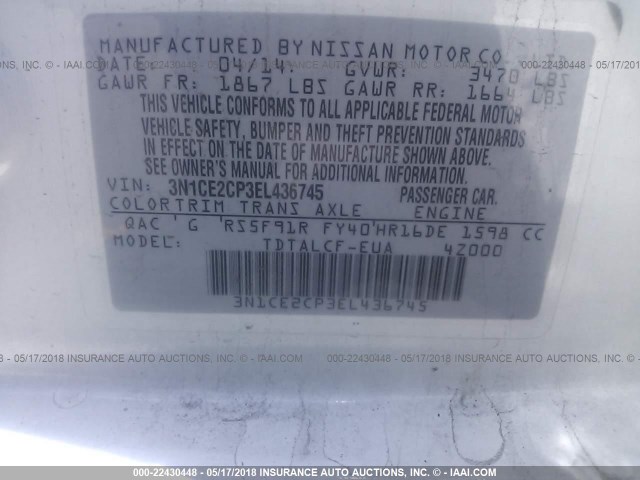 3N1CE2CP3EL436745 - 2014 NISSAN VERSA NOTE S/S PLUS/SV/SL WHITE photo 9