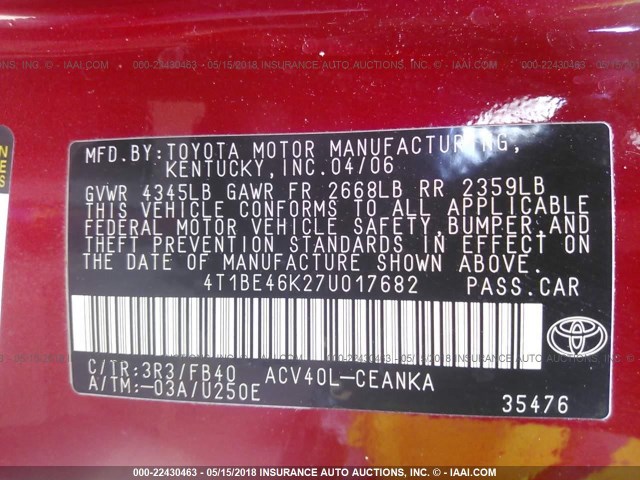 4T1BE46K27U017682 - 2007 TOYOTA CAMRY NEW GENERAT CE/LE/XLE/SE RED photo 9