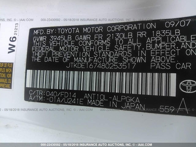 JTKDE167480253517 - 2008 TOYOTA SCION TC 白色 照片 9