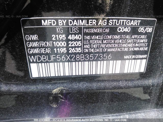 WDBUF56X28B357356 - 2008 MERCEDES-BENZ E 350 BLACK photo 9