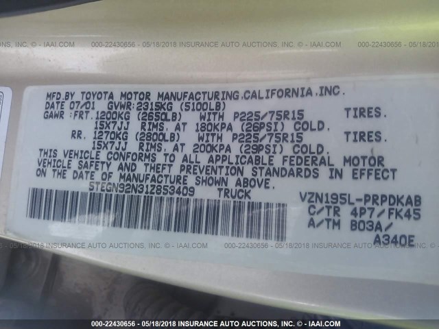 5TEGN92N31Z853409 - 2001 TOYOTA TACOMA DOUBLE CAB PRERUNNER GOLD photo 9