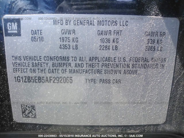 1G1ZB5EB5AF292065 - 2010 CHEVROLET MALIBU LS Qara foto 9