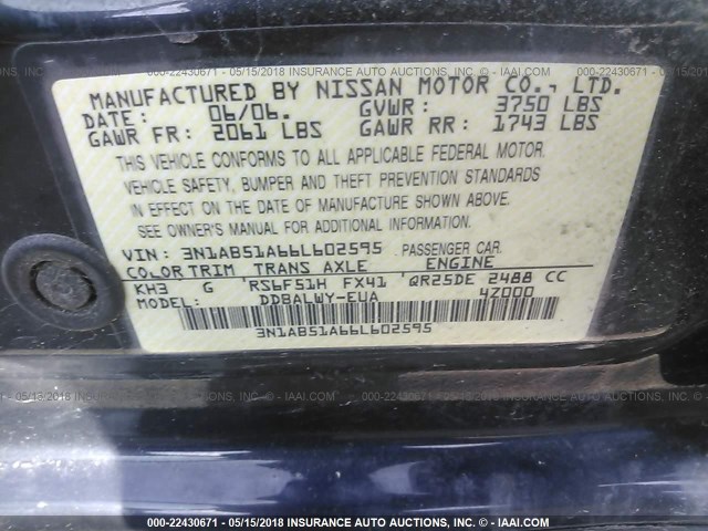 3N1AB51A66L602595 - 2006 NISSAN SENTRA SE-R SPEC V BLACK photo 9