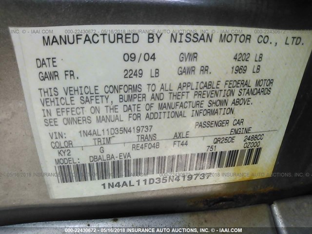 1N4AL11D35N419737 - 2005 NISSAN ALTIMA S/SL GRAY photo 9