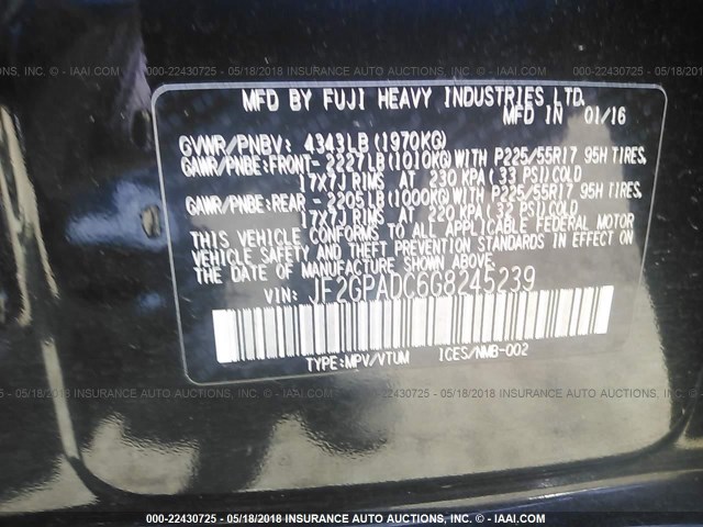 JF2GPADC6G8245239 - 2016 SUBARU CROSSTREK PREMIUM შავი ფოტო 9