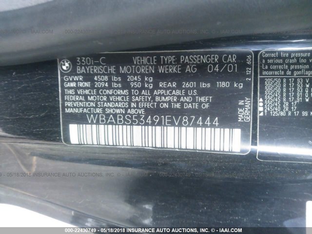 WBABS53491EV87444 - 2001 BMW 330 CI BLACK photo 9