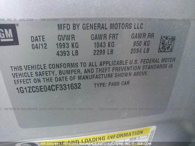 1G1ZC5E04CF331632 - 2012 CHEVROLET MALIBU 1LT 银色 照片 9