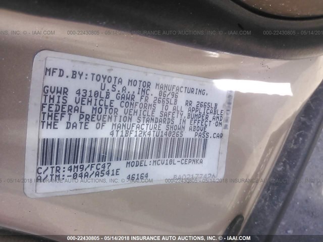 4T1BF12K4TU140265 - 1996 TOYOTA CAMRY LE/XLE/SE ოქროსფერი ფოტო 9