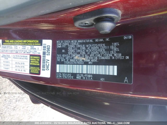 5TDZK22C78S195933 - 2008 TOYOTA SIENNA XLE/XLE LIMITED MAROON photo 9