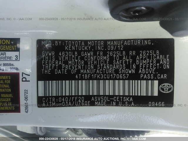 4T1BF1FK3CU170657 - 2012 TOYOTA CAMRY SE/LE/XLE WHITE photo 9