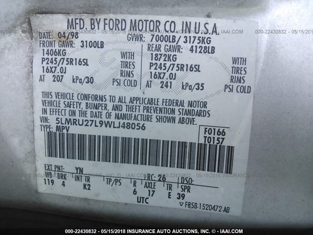 5LMRU27L9WLJ48056 - 1998 LINCOLN NAVIGATOR 银色 照片 9