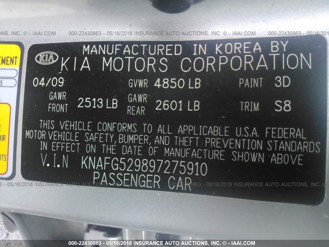 KNAFG529897275910 - 2009 KIA RONDO LX/EX GRAY photo 9