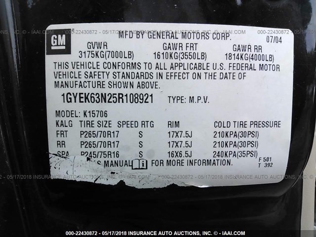 1GYEK63N25R108921 - 2005 CADILLAC ESCALADE LUXURY 黑色 照片 9