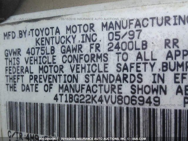 4T1BG22K4VU806949 - 1997 TOYOTA CAMRY CE/LE/XLE 金色 照片 9
