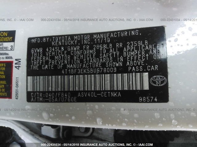 4T1BF3EK5BU678009 - 2011 TOYOTA CAMRY SE/LE/XLE WHITE photo 9