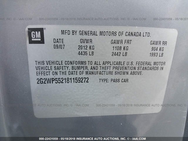 2G2WP552181159272 - 2008 PONTIAC GRAND PRIX GRAY photo 9