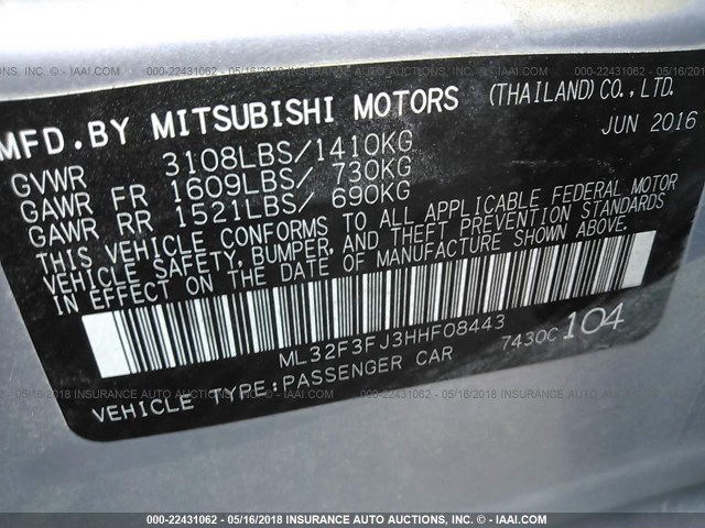 ML32F3FJ3HHF08443 - 2017 MITSUBISHI MIRAGE G4 ES Күміс фото 9