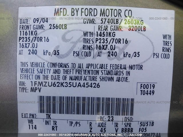 1FMZU62K35UA45426 - 2005 FORD EXPLORER XLS/XLS SPORT TAN photo 9