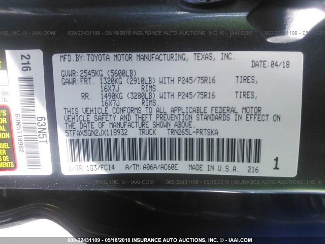 5TFAX5GN2JX118932 - 2018 TOYOTA Tacoma DOUBLE CAB/SR/SR5 GRAY photo 9