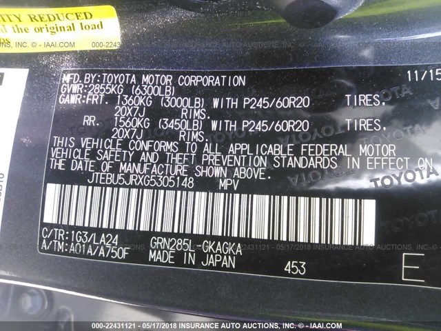 JTEBU5JRXG5305148 - 2016 TOYOTA 4RUNNER SR5 PREM/LTDL/TRAIL/TRD GRAY photo 9