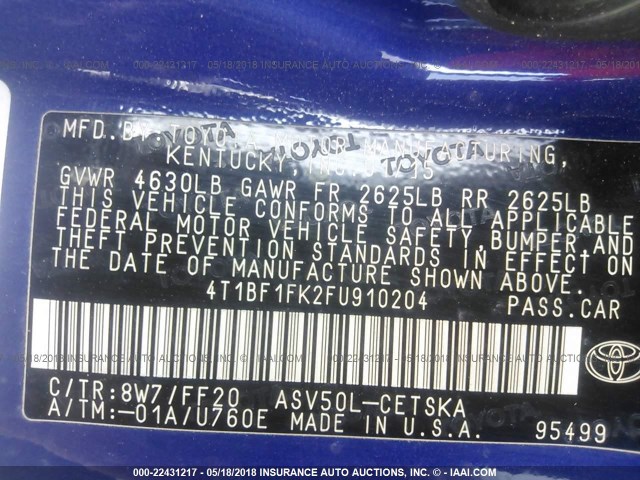 4T1BF1FK2FU910204 - 2015 TOYOTA CAMRY LE/XLE/SE/XSE BLUE photo 9