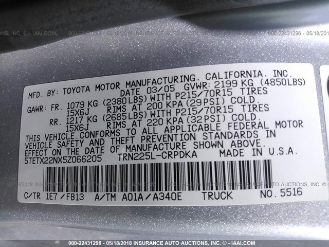 5TETX22NX5Z066205 - 2005 TOYOTA TACOMA ACCESS CAB SILVER photo 9