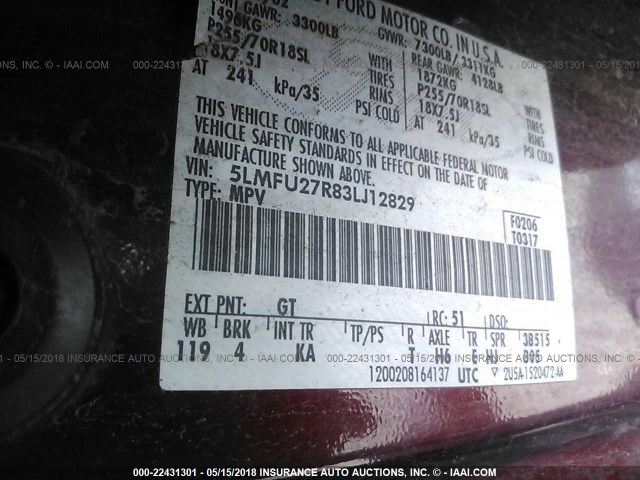 5LMFU27R83LJ12829 - 2003 LINCOLN NAVIGATOR MAROON photo 9