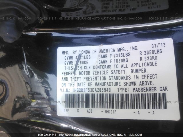 1HGCR2F53DA265949 - 2013 HONDA ACCORD SPORT 黑色 照片 9