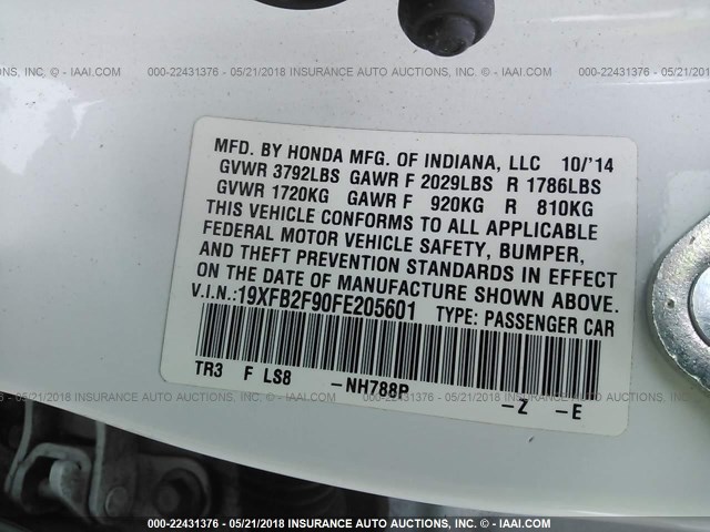 19XFB2F90FE205601 - 2015 HONDA CIVIC EXL WHITE photo 9